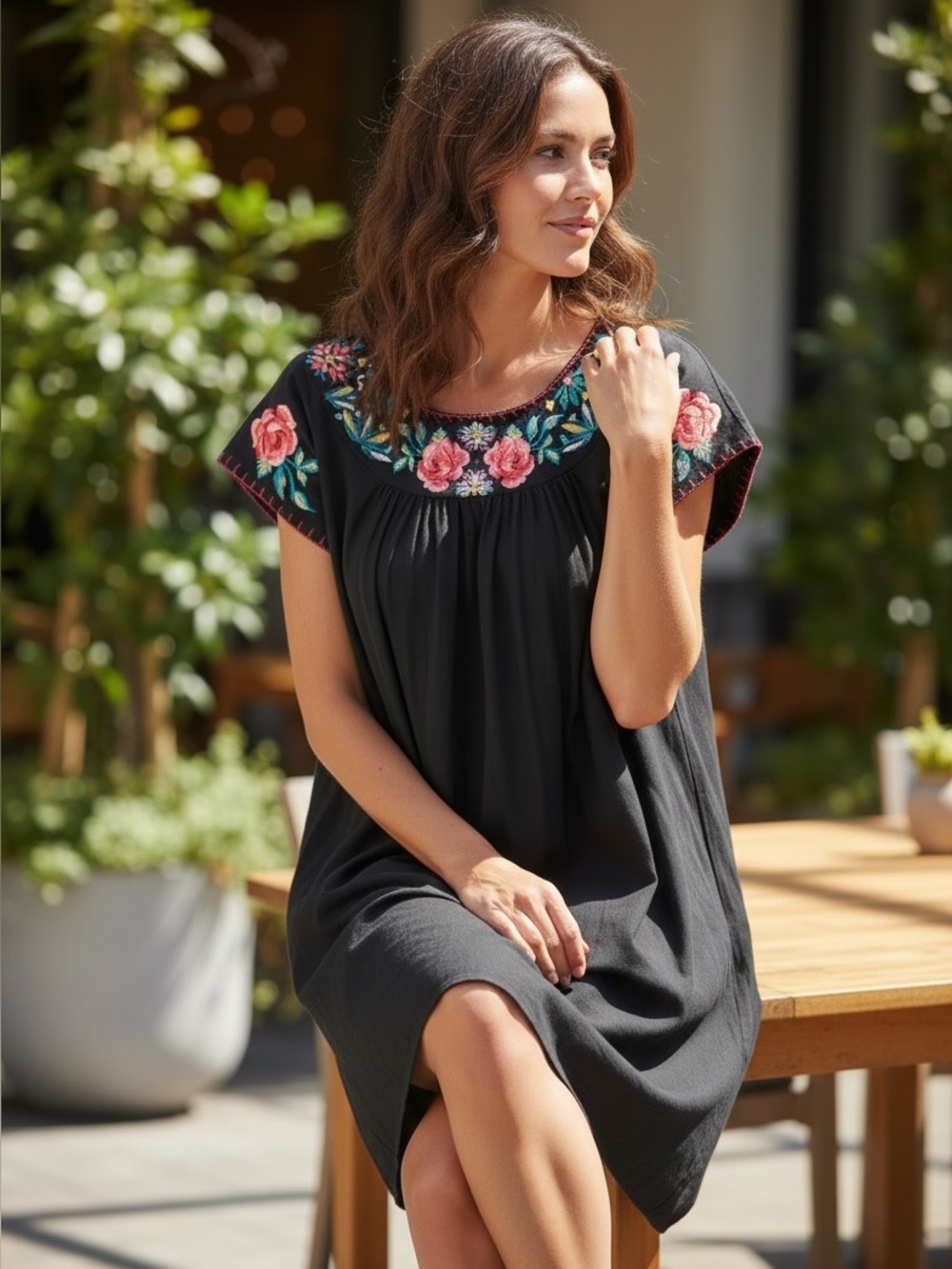 THML Black Mini Dress with Pink Floral Embroidery